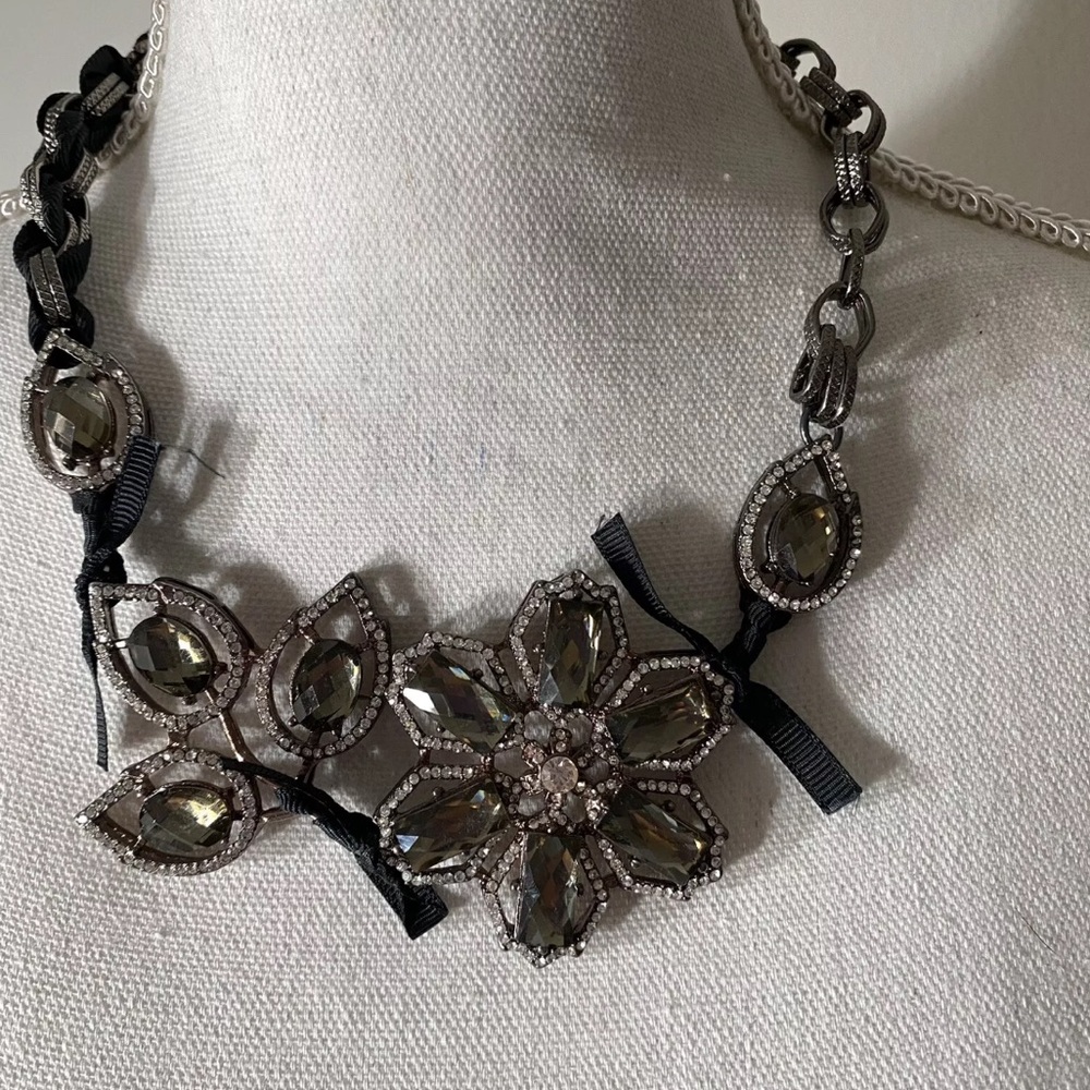 LOFT Multi crystal black ribbon Flower Leaf statement necklace‎